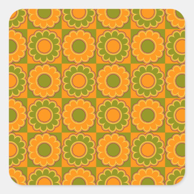 Sticker Carré 1970 puissance de fleur orange et vert olive rétro (Devant)