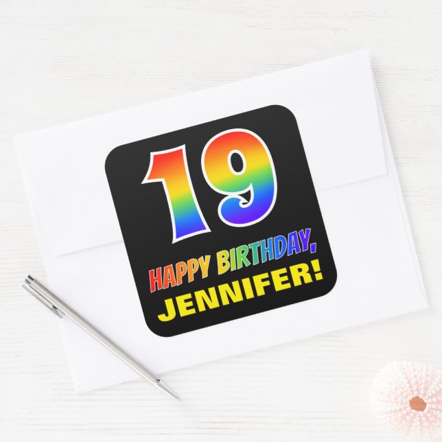 Sticker Carré 19e anniversaire : Bold, amusant, simple, arc-en-c (Enveloppe)