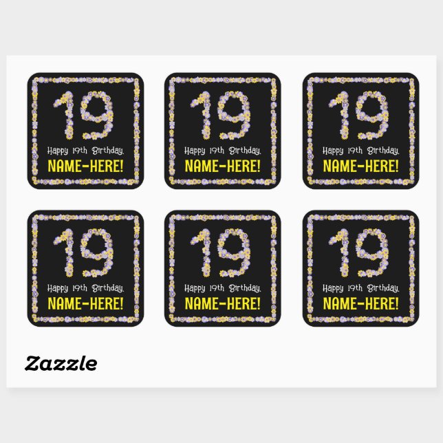 Sticker Carré 19e anniversaire : Floral Flowers Numéro, Nom pers (Feuille)