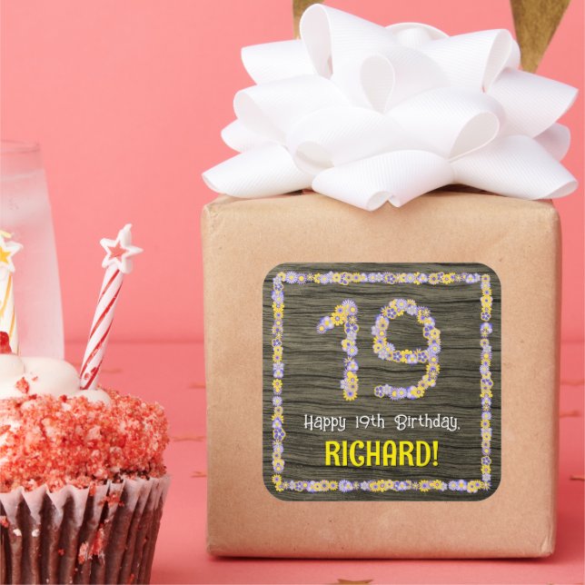 Sticker Carré 19e anniversaire : numéro floral, Faux Wood Look,  (Fête)