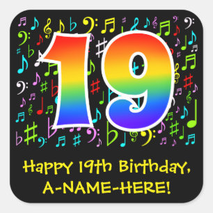 Sticker Carré 19e anniversaire : Symboles de musique colorée, A