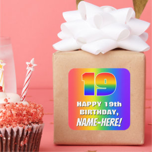 Sticker Carré 19th Birthday: Colorful, Fun Rainbow Pattern # 19