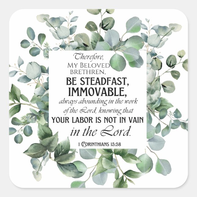 Sticker Carré 1 Corinthiens 15:58 Inspirational Verse Eucalyptus (Devant)