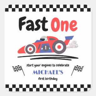 Sticker Carré 1er anniversaire Fast One Red Blue Race Car