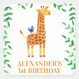 Sticker Carré 1er anniversaire mignonne Giraffe & Bird Whimsical