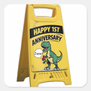 Sticker Carré 1er anniversaire trex rouge roses panneau en plast