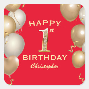 Sticker Carré 1ère fête d'anniversaire Ballons rouges et or
