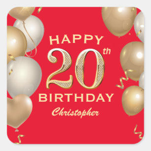Sticker Carré 20e Anniversaire des Ballons Rouge et Or