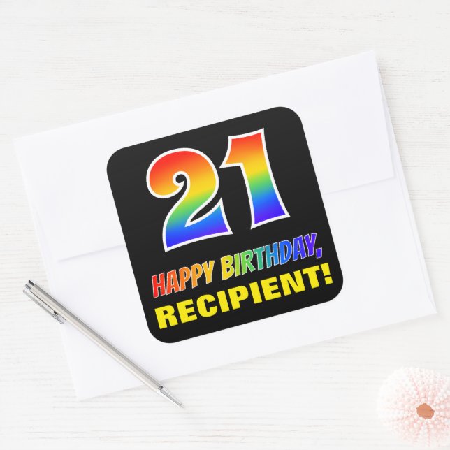 Sticker Carré 21e anniversaire : Audacieux, amusant, simple, arc (Enveloppe)