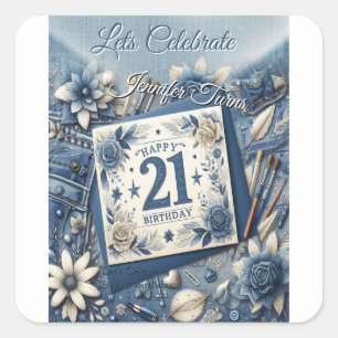 Sticker Carré 21e Anniversaire crème bleu fleur amande