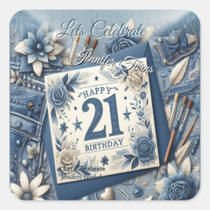 Sticker Carré 21e Anniversaire crème bleu fleur amande