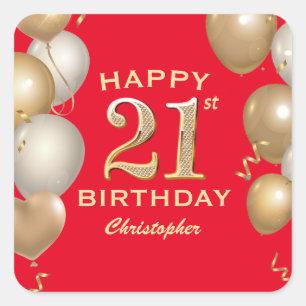 Sticker Carré 21e Anniversaire de Ballons Rouge et Or