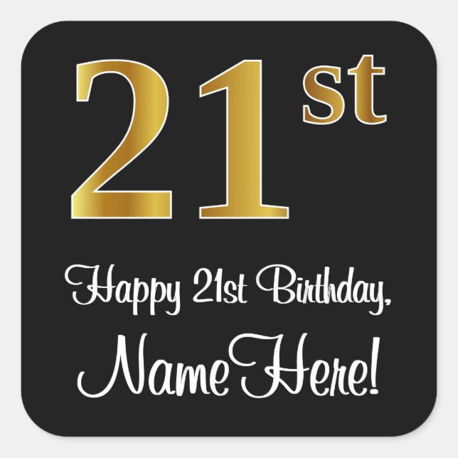 Sticker Carré 21e anniversaire - Elégant luxe Faux Gold Look # (Devant)