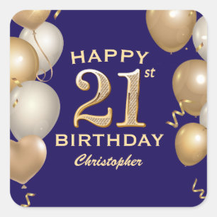 Sticker Carré 21e Anniversaire Marine Bleu et Ballons d'or