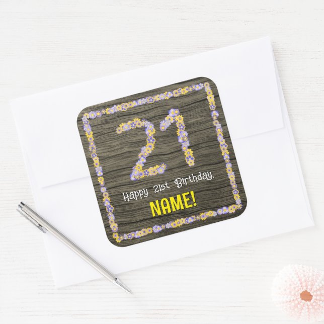 Sticker Carré 21e anniversaire : Numéro floral, Faux Wood Look,  (Enveloppe)
