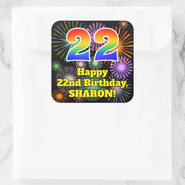Sticker Carré 22e anniversaire : Fun Fireworks Look, Arc-en-ciel (Sac)