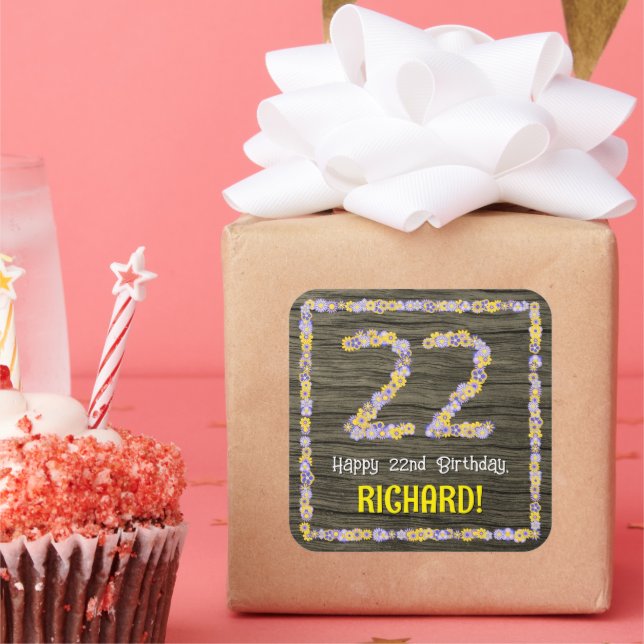 Sticker Carré 22e anniversaire : numéro floral, Faux Wood Look,  (Fête)