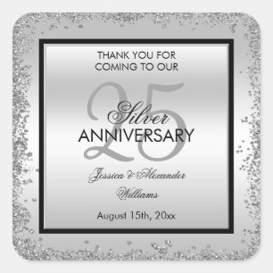 Sticker Carré 25e anniversaire du Mariage Glitzy Silver & Black