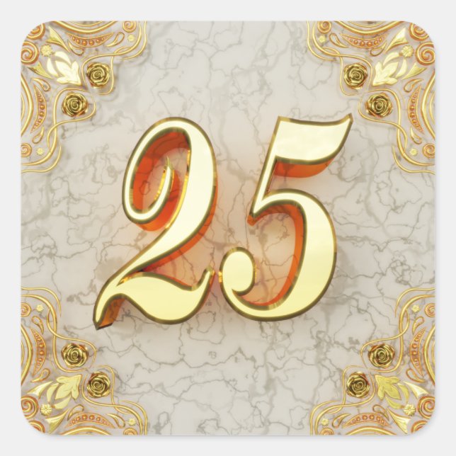 Sticker Carré 25e anniversaire ou anniversaire Regal or et marbr (Devant)
