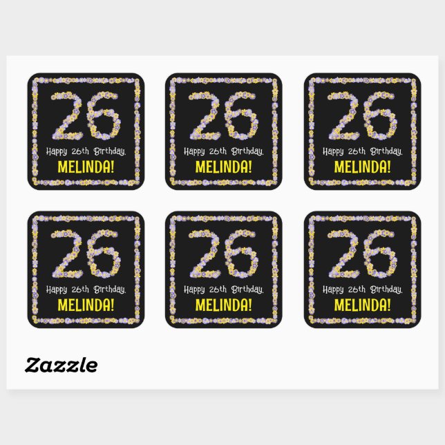 Sticker Carré 26e anniversaire : Floral Flowers Numéro, Nom pers (Feuille)
