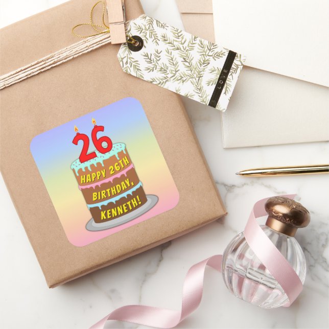 Sticker Carré 26e anniversaire : Gâteau et bougies amusants + No (Cadeaux)