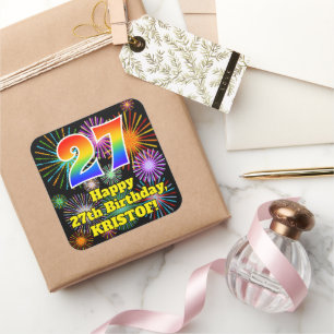 Sticker Carré 27e anniversaire : Fun Fireworks Look, Arc en ciel