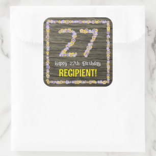 Sticker Carré 27e anniversaire : numéro floral, Faux Wood Look, 