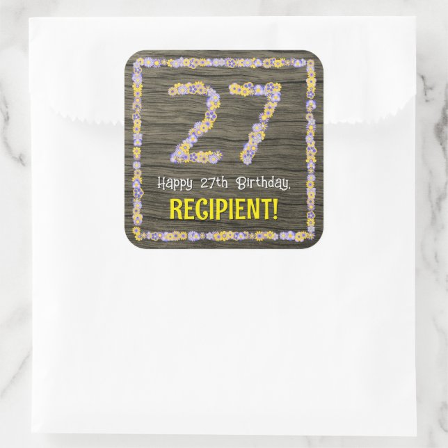 Sticker Carré 27e anniversaire : numéro floral, Faux Wood Look,  (Sac)