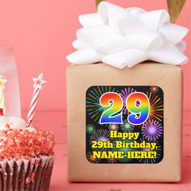 Sticker Carré 29e Birthday: Fun Fireworks Look, Rainbow # 29 (Fête)