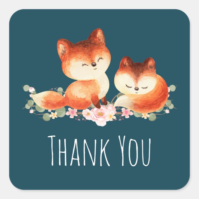 Sticker Carré 2 mignons Petits Renards Rouges Aquarelle Design (Devant)