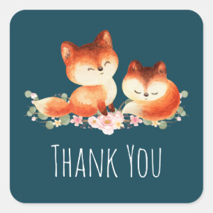 Sticker Carré 2 mignons Petits Renards Rouges Aquarelle Design