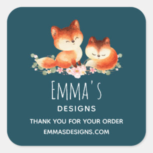 Sticker Carré 2 mignons Petits Renards Rouges Aquarelle Design E