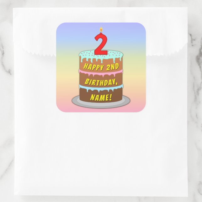 Sticker Carré 2e anniversaire : Fun Cake and Candle + Nom person (Sac)