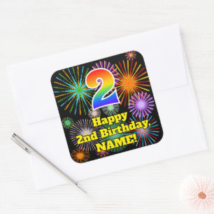 Sticker Carré 2e anniversaire : Fun Fireworks Look, Arc-en-ciel 