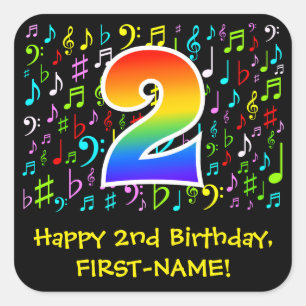 Sticker Carré 2e anniversaire : Symboles de musique colorée, Ar