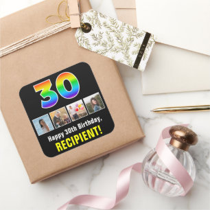 Sticker Carré 30e anniversaire : Arc-en-ciel "30"; photos et nom