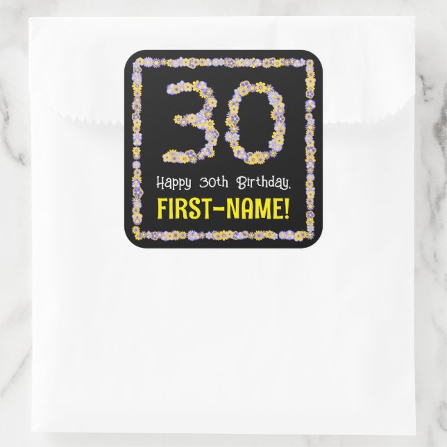 Sticker Carré 30e anniversaire : Floral Flowers Numéro, Nom pers (Sac)