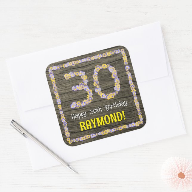 Sticker Carré 30e anniversaire : numéro floral, Faux Wood Look,  (Enveloppe)