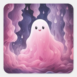 Sticker Carré 31 octobre Fantôme rose d'Halloween mignon
