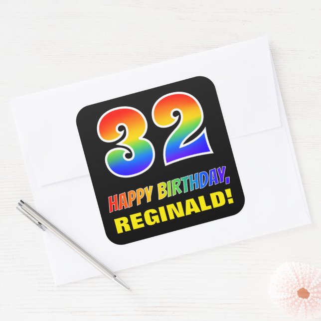 Sticker Carré 32e anniversaire : Bold, amusant, simple, arc-en-c (Enveloppe)