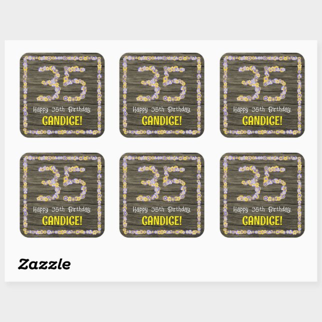 Sticker Carré 35e anniversaire : numéro floral, Faux Wood Look,  (Feuille)