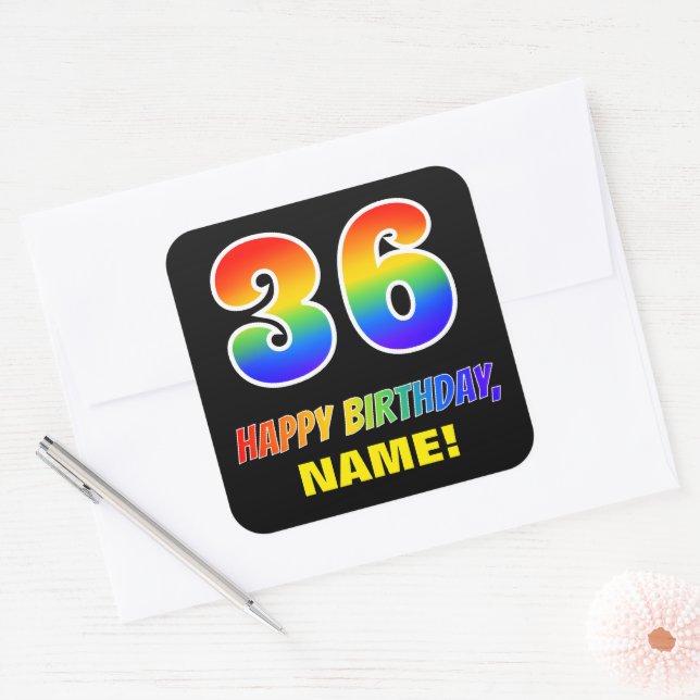 Sticker Carré 36e anniversaire : Bold, amusant, simple, arc-en-c (Enveloppe)