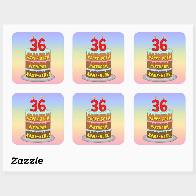 Sticker Carré 36e anniversaire : Fun Cake and Candles + Nom pers (Feuille)