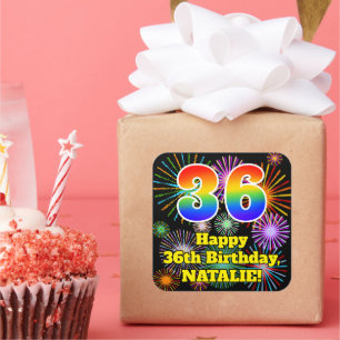 Sticker Carré 36e anniversaire : Fun Fireworks Look, Arc-en-ciel