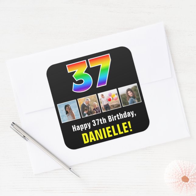 Sticker Carré 37e anniversaire : Arc-en-ciel "37"; photos et nom (Enveloppe)