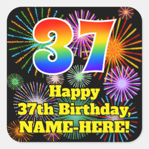 Sticker Carré 37e anniversaire : Fun Fireworks Look, Arc-en-ciel