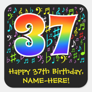 Sticker Carré 37e anniversaire : Symboles de musique colorée, A