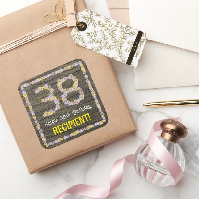 Sticker Carré 38e anniversaire : Floral Number, Faux Wood Look,  (Cadeaux)