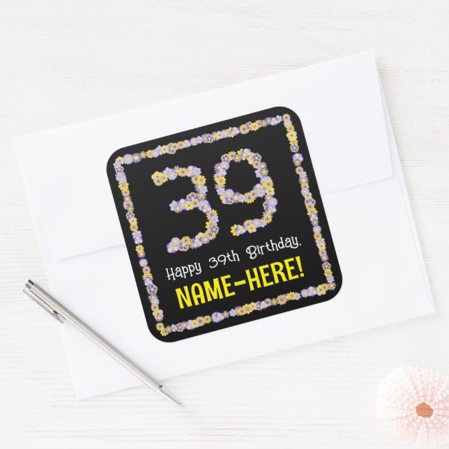 Sticker Carré 39e anniversaire : Floral Flowers Numéro, Nom pers (Enveloppe)