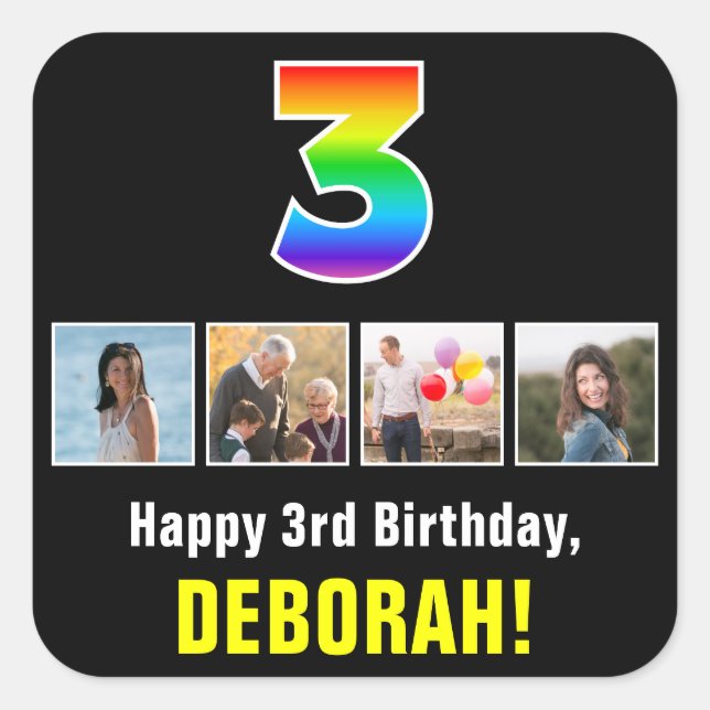 Sticker Carré 3e anniversaire : Arc-en-ciel "3"; photos et nom p (Devant)